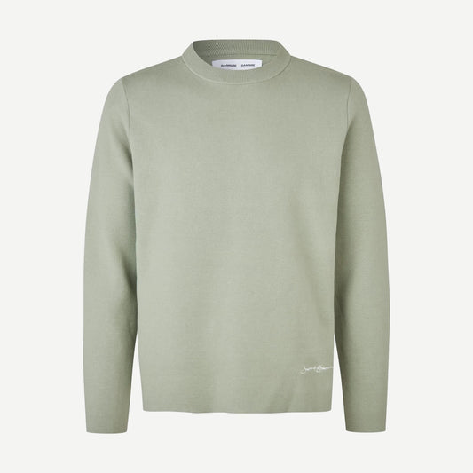 Samsoe Samsoe Samatt Sweater in Desert Sage, showing a cozy knit sweater with a relaxed fit and ribbed cuffs.