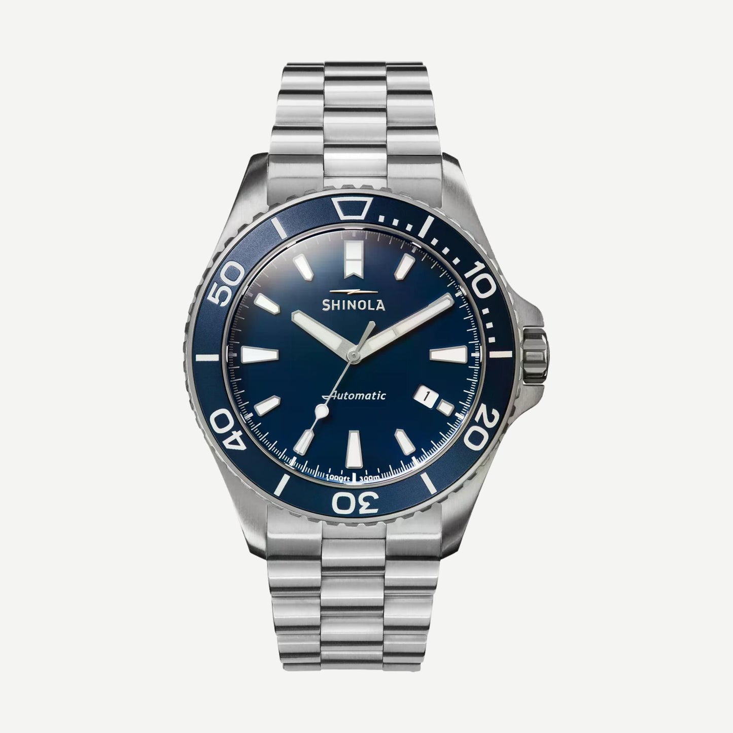 Shinola Monster Automatic Lake Michigan 39mm watch with blue dial, Mother of Pearl accents, and silver case in gift set.