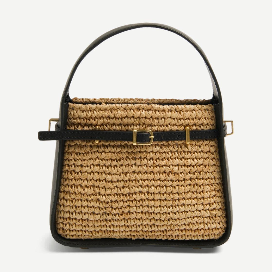 Cleo Mini Raffia Combo Bucket Bag - Black/Natural