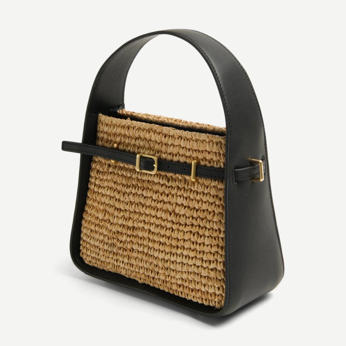 Cleo Mini Raffia Combo Bucket Bag - Black/Natural