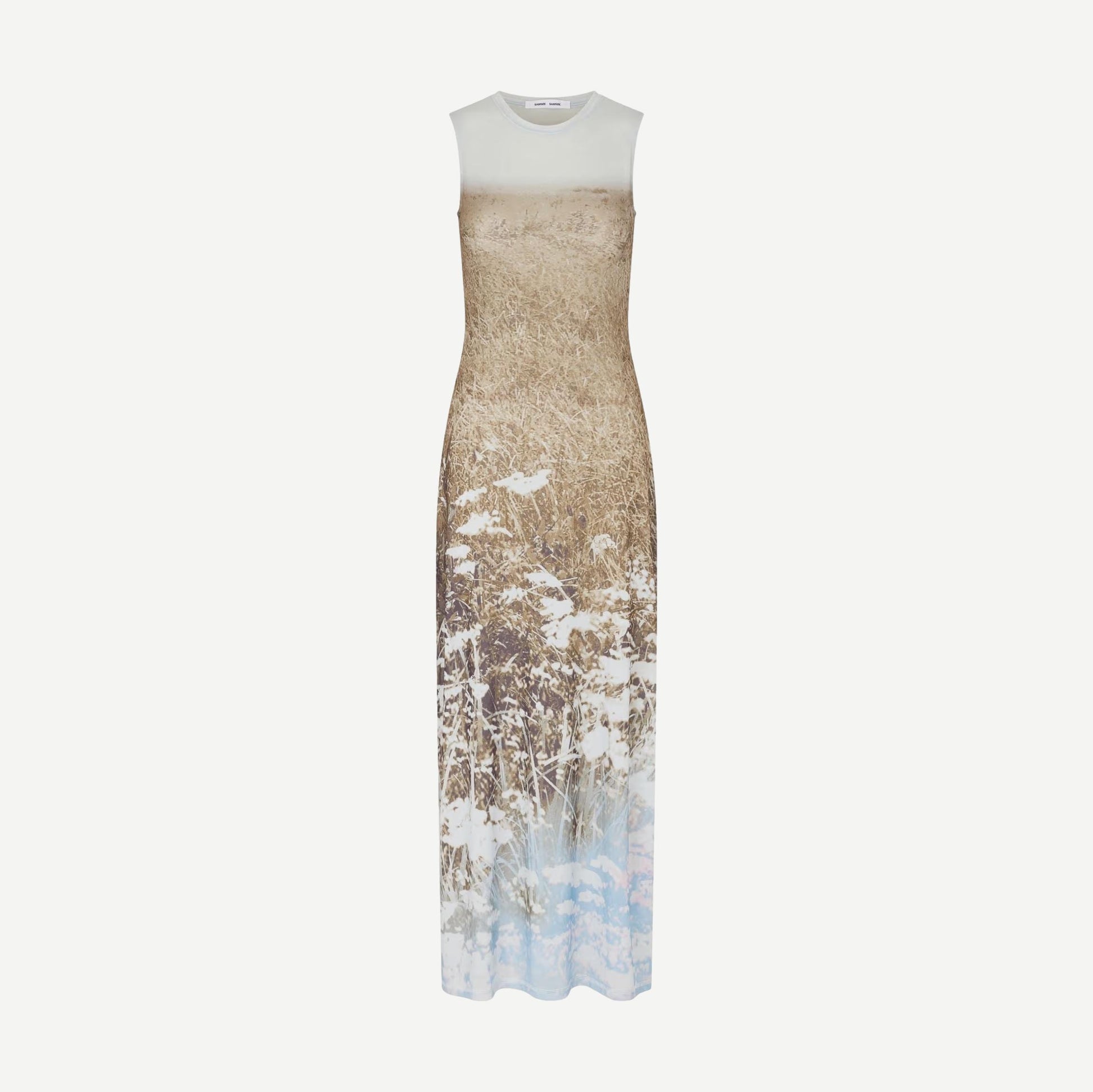 Samsoe Samsoe Saangel Dress in Hazy Fields with floral print and flowing fabric, displayed on a mannequin.