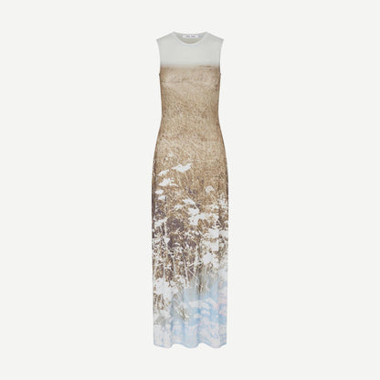 Samsoe Samsoe Saangel Dress in Hazy Fields with floral print and flowing fabric, displayed on a mannequin.