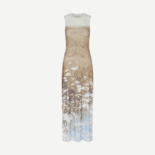 Samsoe Samsoe Saangel Dress in Hazy Fields with flowing fabric and floral print, displayed on a hanger.