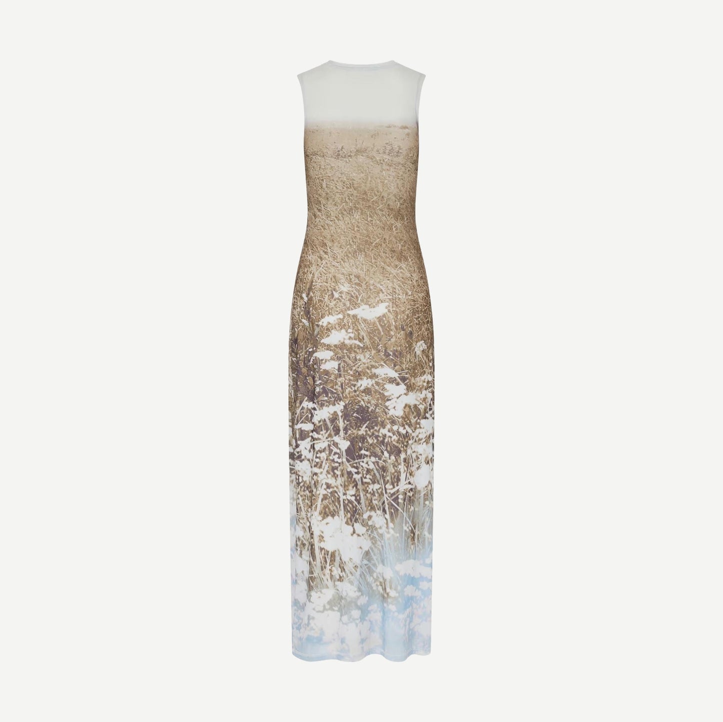Samsoe Samsoe Saangel Dress in Hazy Fields with flowing fabric and floral pattern, displayed on a mannequin.