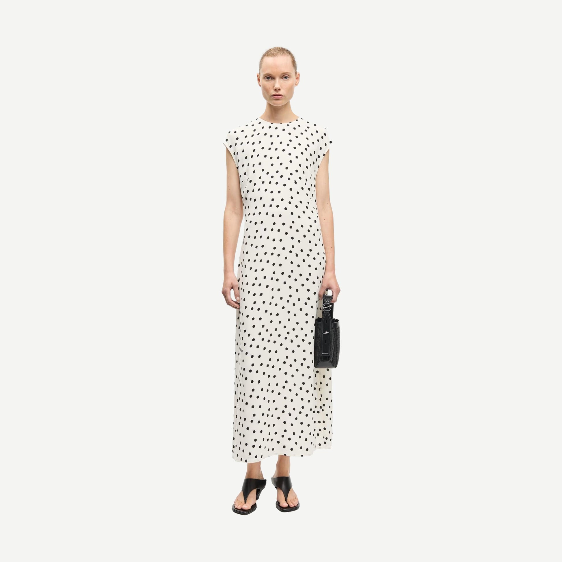 Samsoe Samsoe Sapoppy Dress in Drifting Dots Egret, a stylish women's dress with a dotted pattern and lightweight fabric.