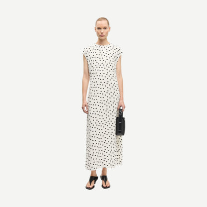 Samsoe Samsoe Sapoppy Dress in Drifting Dots Egret, a stylish women's dress with a dotted pattern and lightweight fabric.