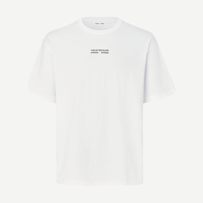 Samsoe Samsoe Sauni T-Shirt featuring a hazy fields graphic, soft fabric, casual fit, in natural colors, front view.