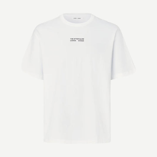Samsoe Samsoe Sauni T-Shirt featuring a hazy fields graphic, soft fabric, casual fit, in natural colors, front view.