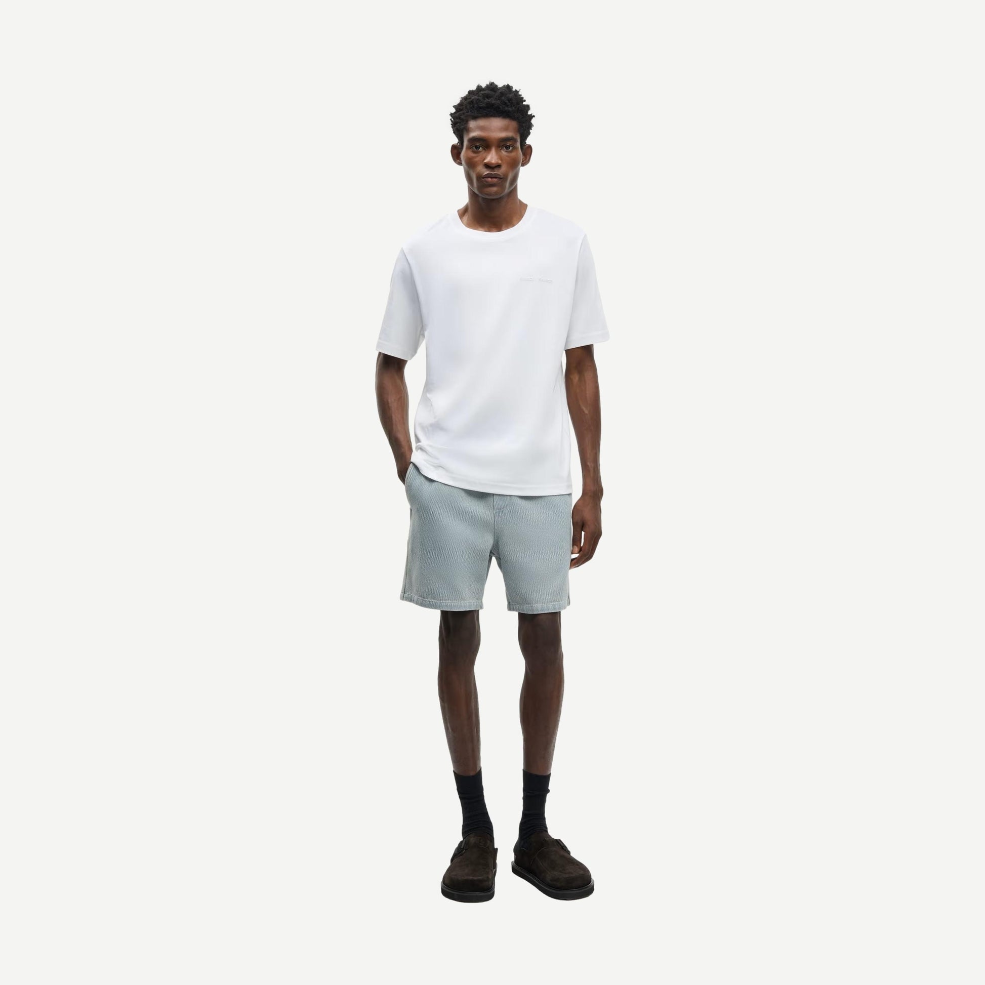Light denim Sajabari Shorts by Samsoe Samsoe with a relaxed fit and classic five-pocket design, displayed on a plain background.