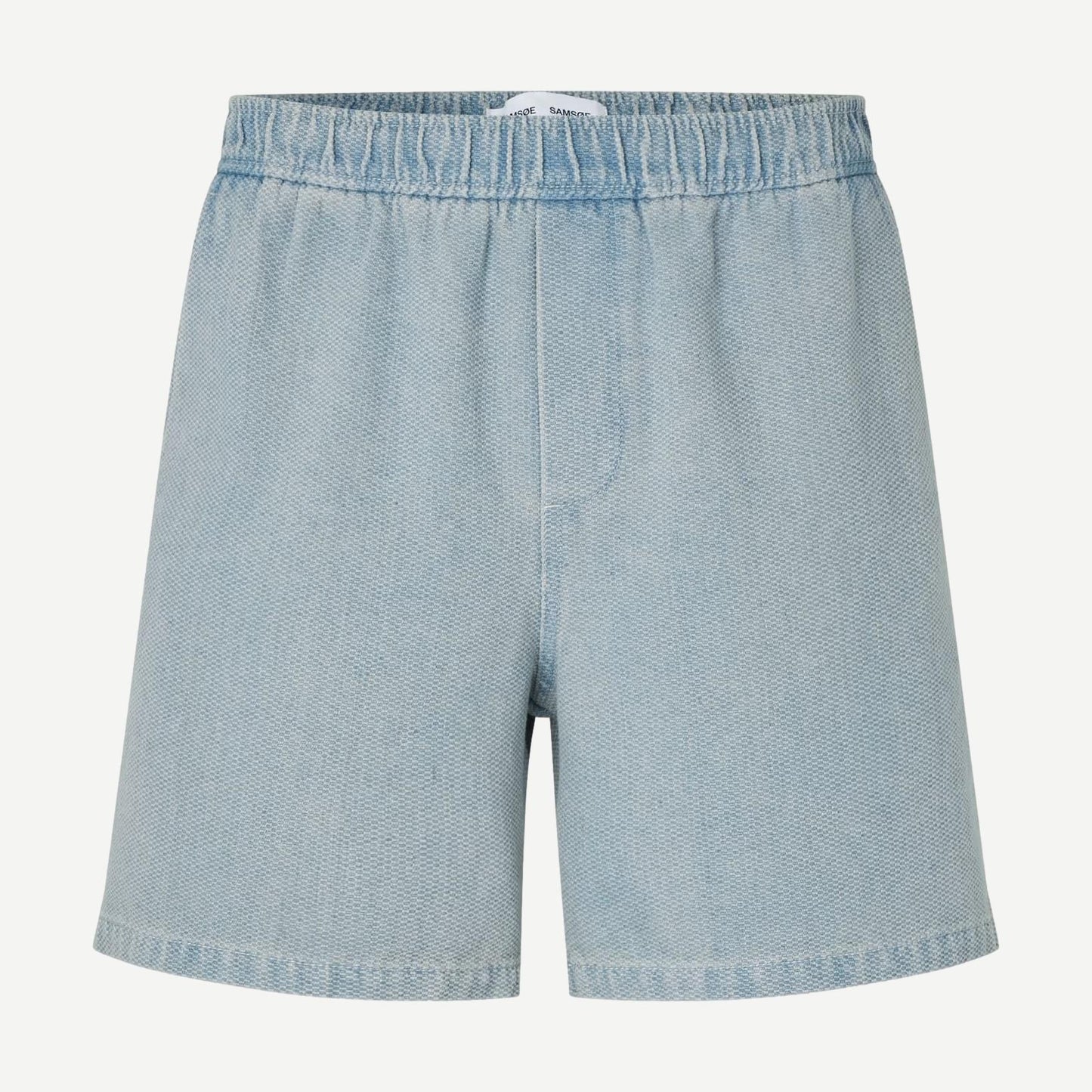 Light denim Sajabari Shorts by Samsoe Samsoe, featuring a casual fit and classic denim texture, shown on a model.