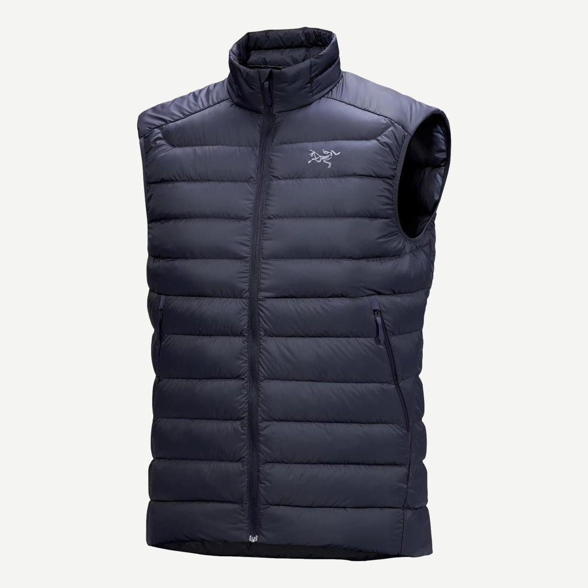 Black Sapphire Cerium Vest for men by Arc'teryx, showing a sleek, insulated outdoor vest with a high collar and lightweight design.