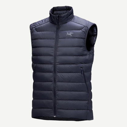 Black Sapphire Cerium Vest for men by Arc'teryx, showing a sleek, insulated outdoor vest with a high collar and lightweight design.