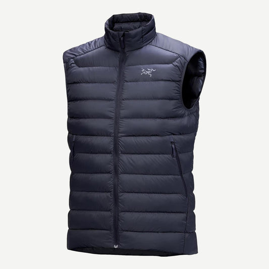 Black Sapphire Cerium Vest for men by Arc'teryx, showing a sleek, insulated outdoor vest with a high collar and lightweight design.