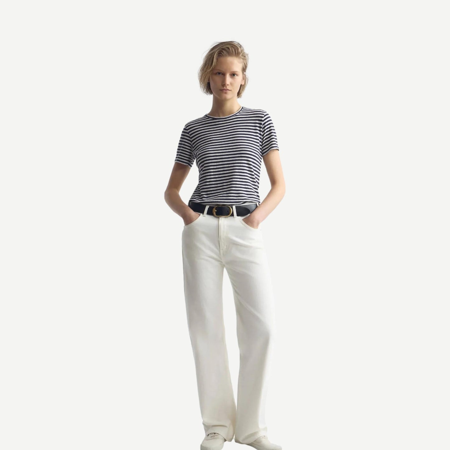 Lana Crewneck tee - White/Dark Navy Stripe