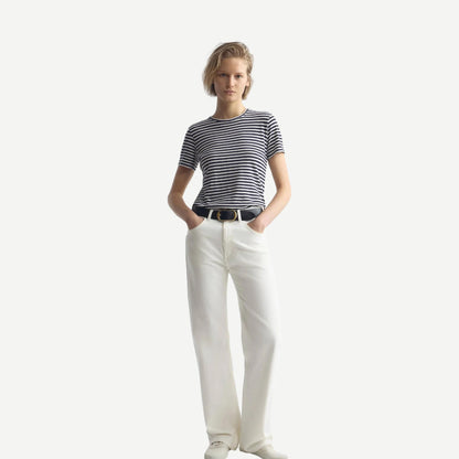Lana Crewneck tee - White/Dark Navy Stripe