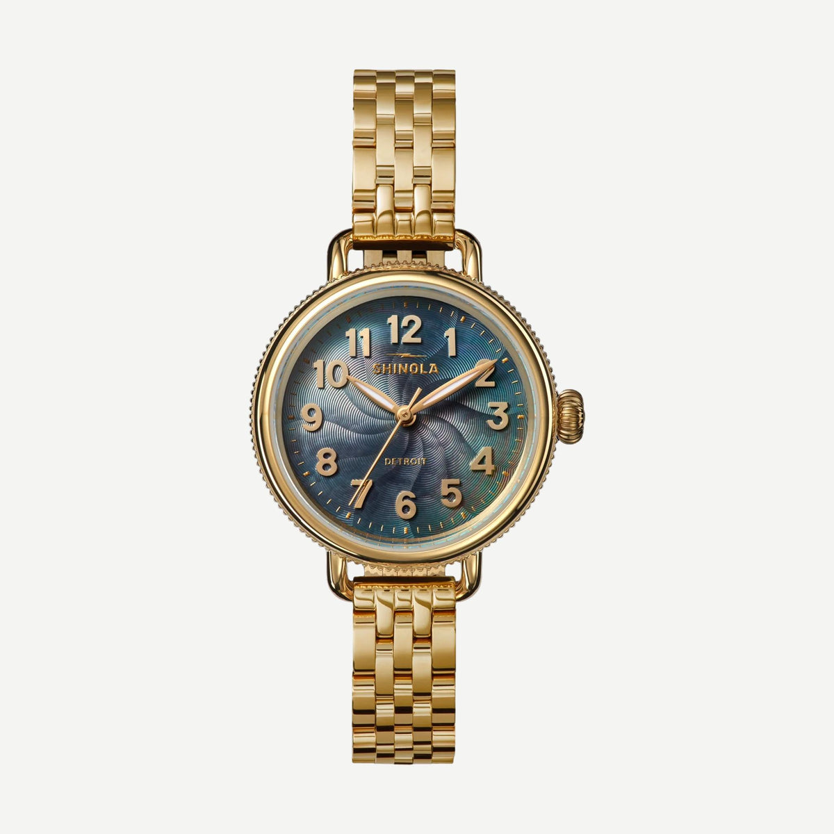 Shinola Birdy 31mm gold watch with gray mother-of-pearl dial