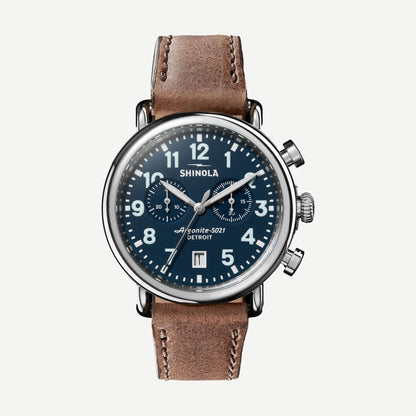 Shinola Runwell Chrono 41mm watch with British tan leather strap and midnight blue dial