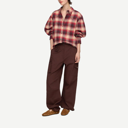 Cotton Flannel Check Pleated Sleeve - Rasberry Wine