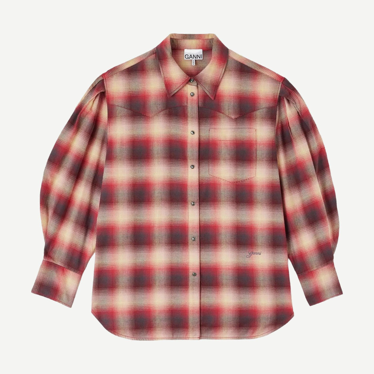 Cotton Flannel Check Pleated Sleeve - Rasberry Wine