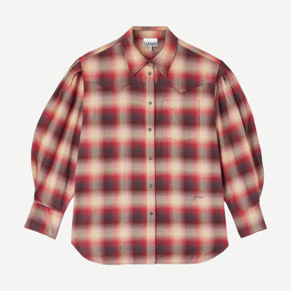 Cotton Flannel Check Pleated Sleeve - Rasberry Wine