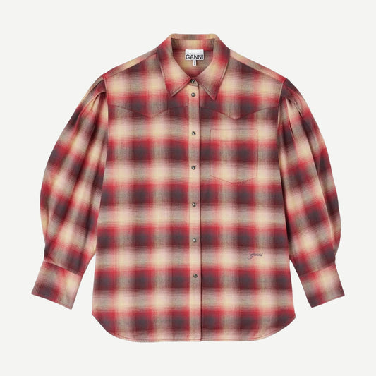 Cotton Flannel Check Pleated Sleeve - Rasberry Wine