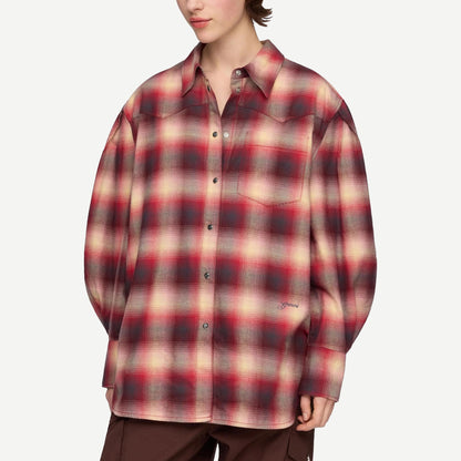Cotton Flannel Check Pleated Sleeve - Rasberry Wine