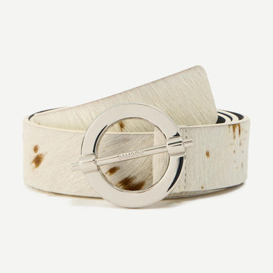 Samsoe Samsoe Saryesgade Belt with stray dot pattern, brown leather strap and metal buckle, casual accessory for men and women.