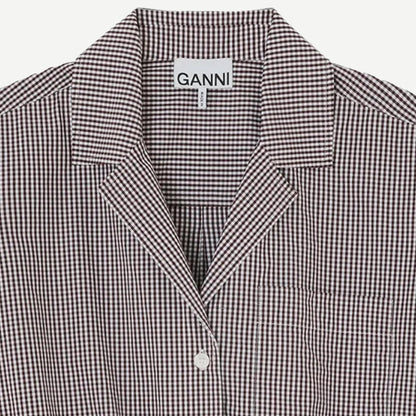 Check Cotton Cropped Bowling Shirt - Chicory Coffee