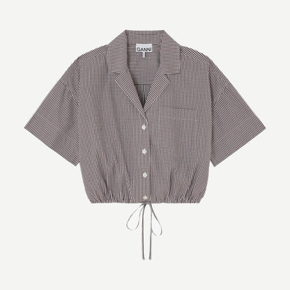 Check Cotton Cropped Bowling Shirt - Chicory Coffee