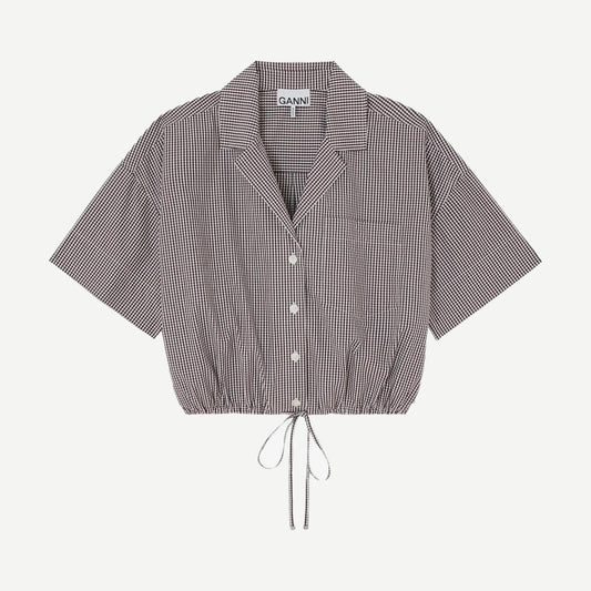 Check Cotton Cropped Bowling Shirt - Chicory Coffee