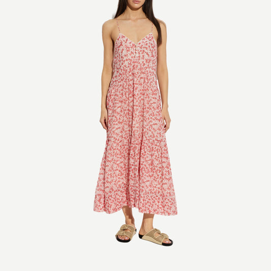 Red Isabel Marant Sabba Dress featuring a stylish, flowy silhouette with long sleeves and a fitted waist.