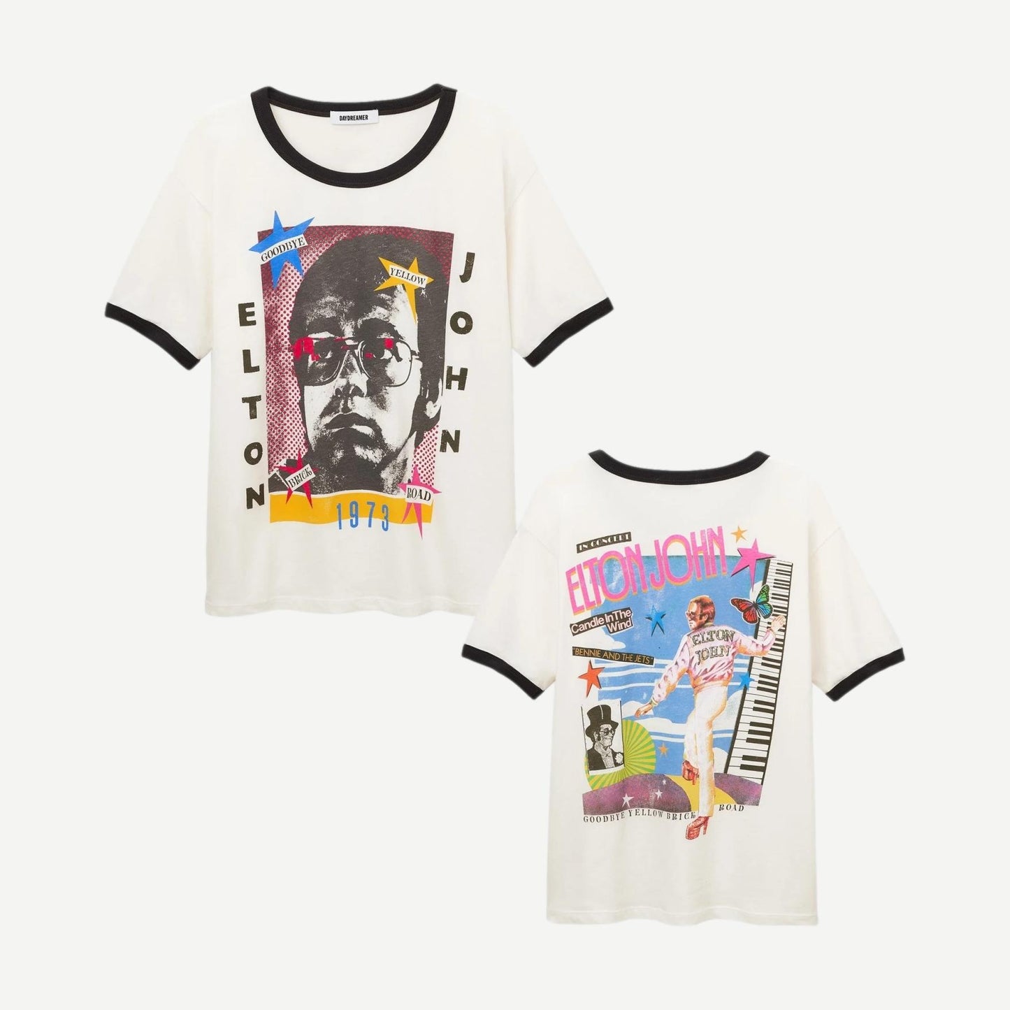 Vintage white Elton John 1973 t-shirt by Daydreamer featuring classic concert artwork and retro style.