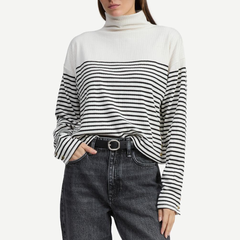 The Knit Rib Stripe T-Neck - Beige MT - Galvanic.co