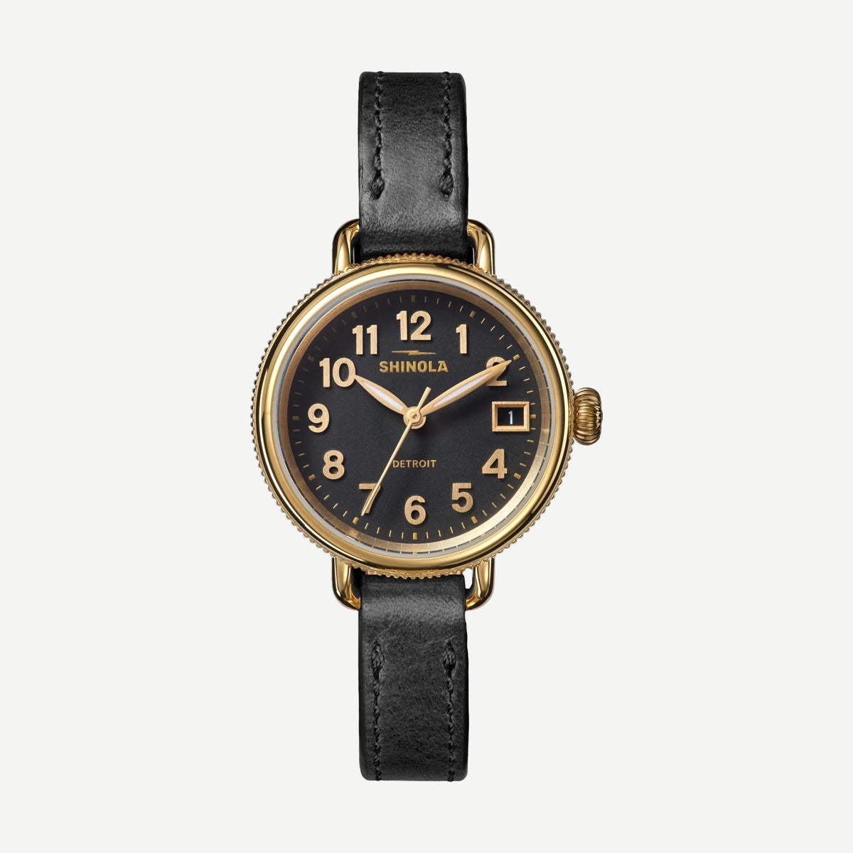 Shinola Birdy 3HD 31mm watch in black with a black leather strap