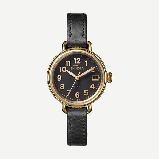 Shinola Birdy 3HD 31mm watch in black with a black leather strap