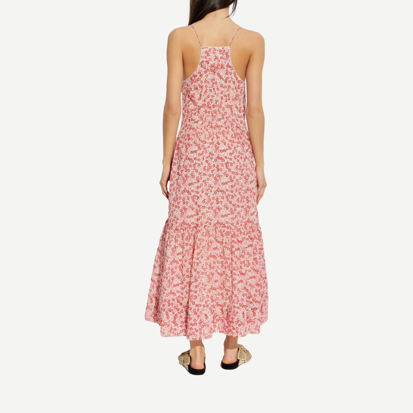 Red Isabel Marant Sabba Dress displayed on a hanger with detailed fabric texture and stylish design.