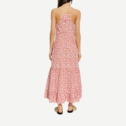 Red Isabel Marant Sabba Dress displayed on a hanger with detailed fabric texture and stylish design.