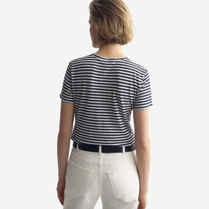 Lana Crewneck tee - White/Dark Navy Stripe