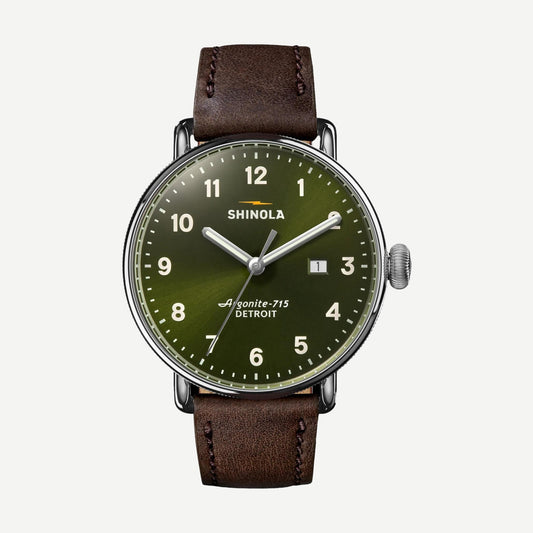 Shinola Canfield 3HD 43mm watch with dark olive leather strap and round analog dial
