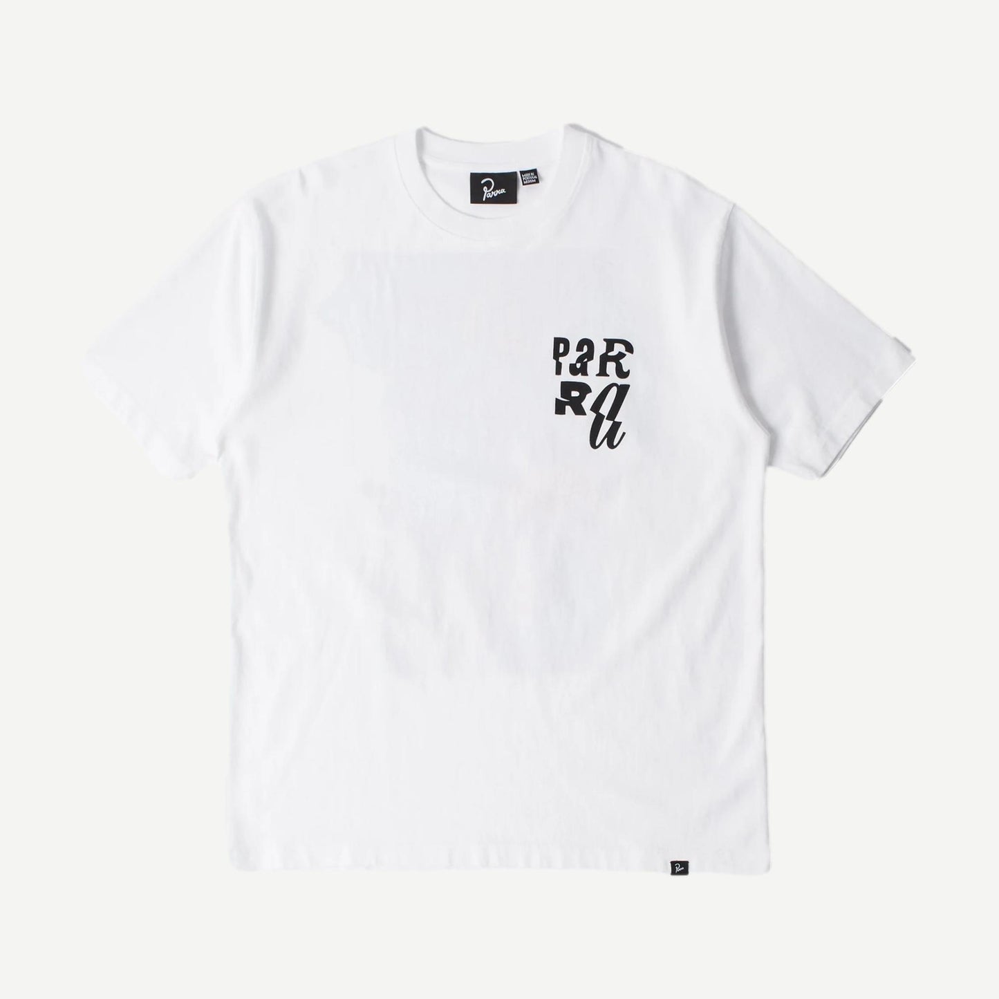 White "Why Are You Here" by Parra T-shirt with bold printed text on the front, casual fit, and soft cotton fabric.