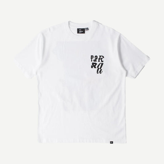 White "Why Are You Here" by Parra T-shirt with bold printed text on the front, casual fit, and soft cotton fabric.
