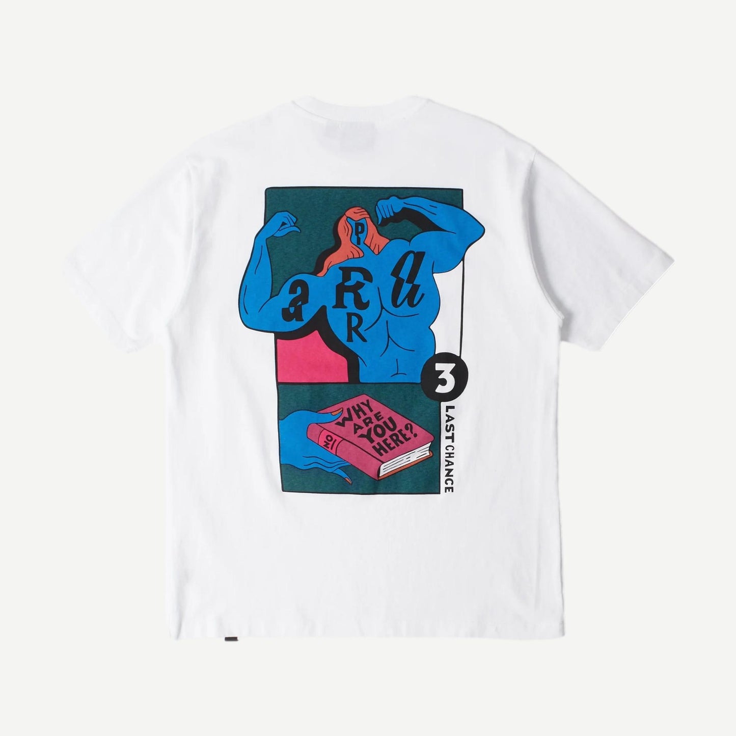 White "Why Are You Here" T-shirt by By Parra featuring bold printed text on the front.