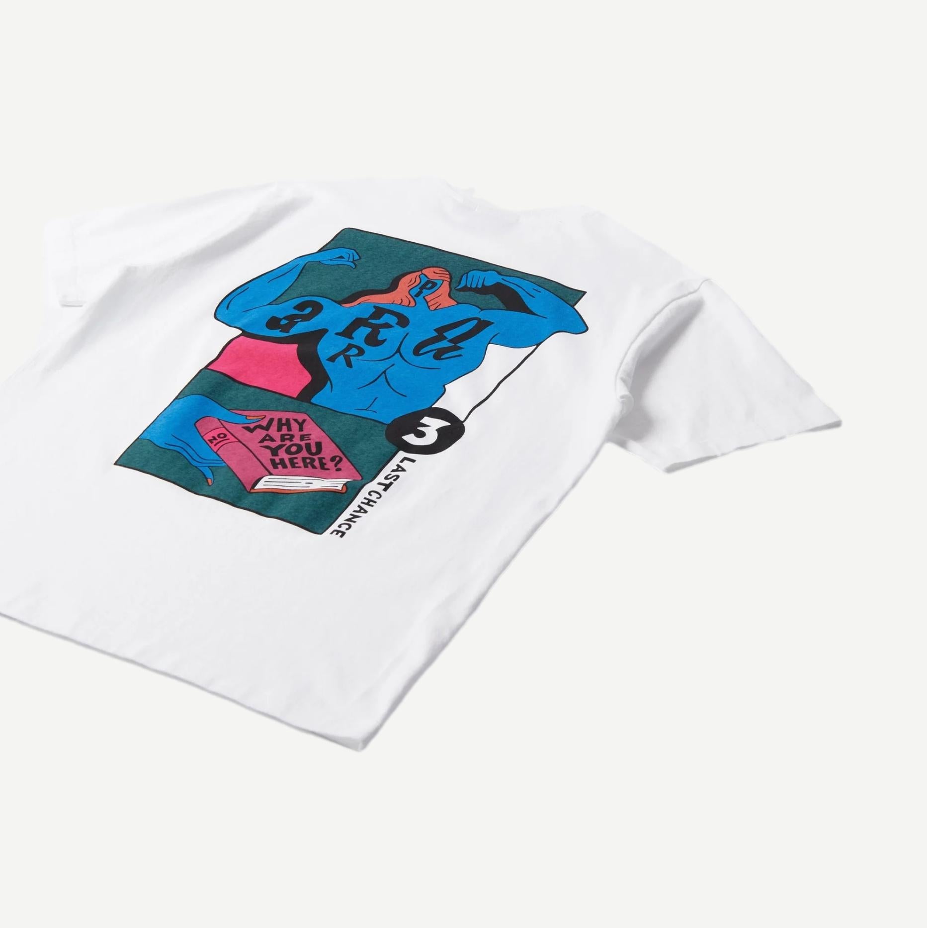 White "Why Are You Here" T-shirt by By Parra featuring bold text design on soft cotton fabric.