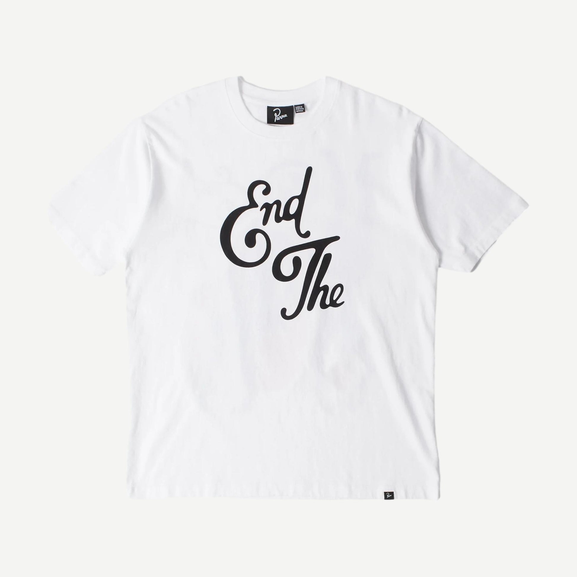 White "End The Loungechair" T-shirt by Parra featuring bold graphic design on the front.