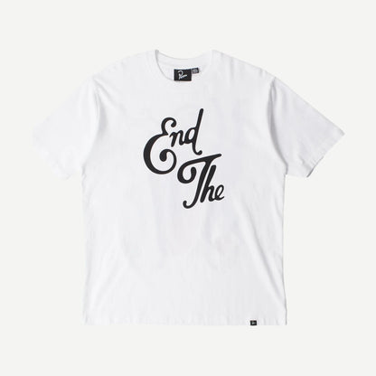 White "End The Loungechair" T-shirt by Parra featuring bold graphic design on the front.