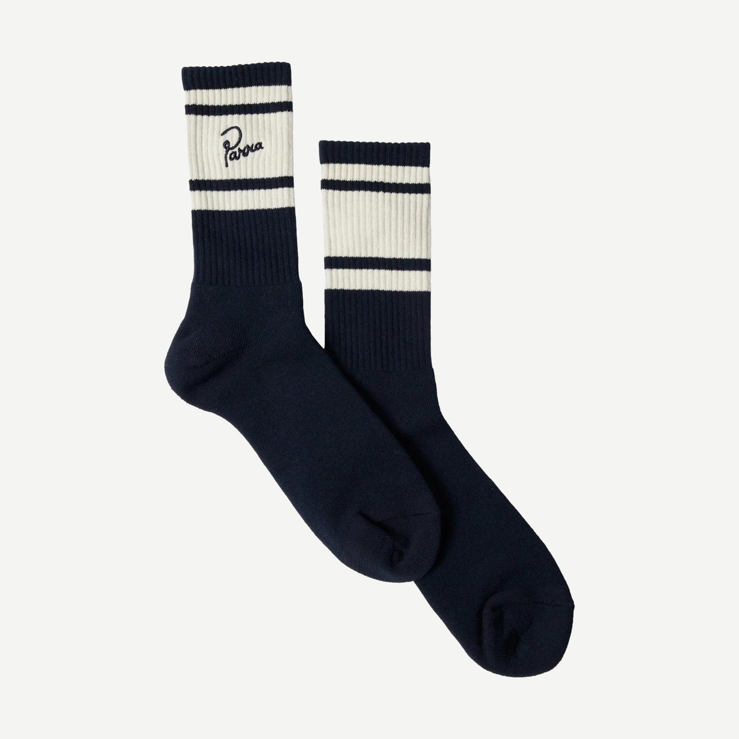 Navy signature striped crew socks by By Parra featuring bold, colorful stripe patterns and comfortable knit fabric.