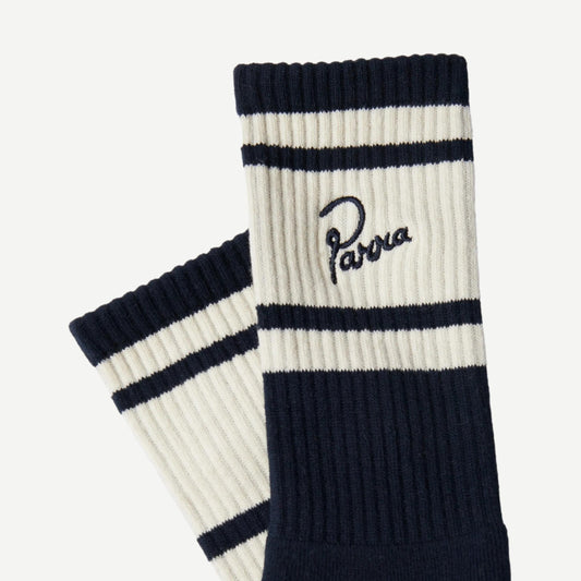 Navy signature striped crew socks by By Parra, featuring bold stripe patterns and comfortable knit fabric.