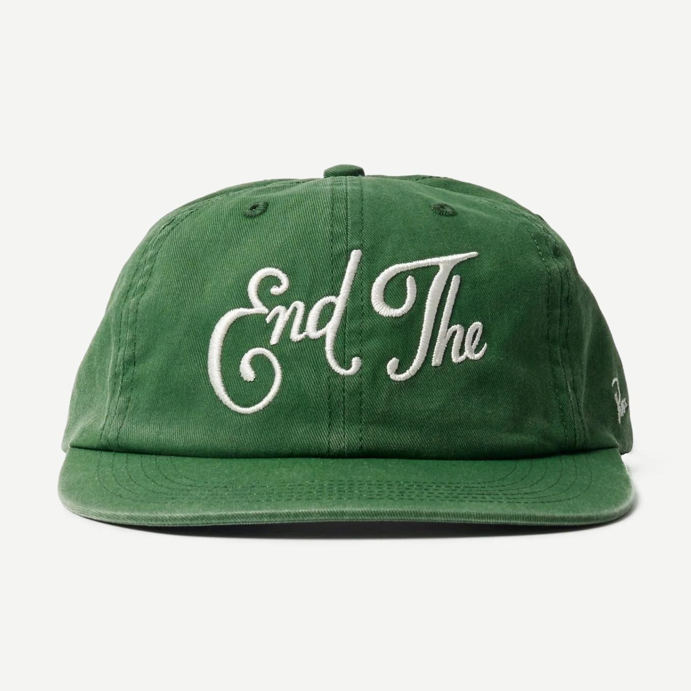 Green End The 6 Panel Hat by Parra featuring a structured six-panel design and embroidered logo, casual streetwear style.