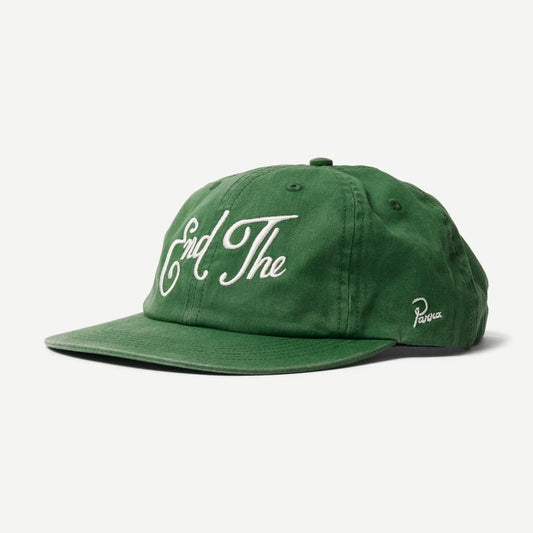 Green 6-panel hat by Parra featuring a casual design and structured fit.