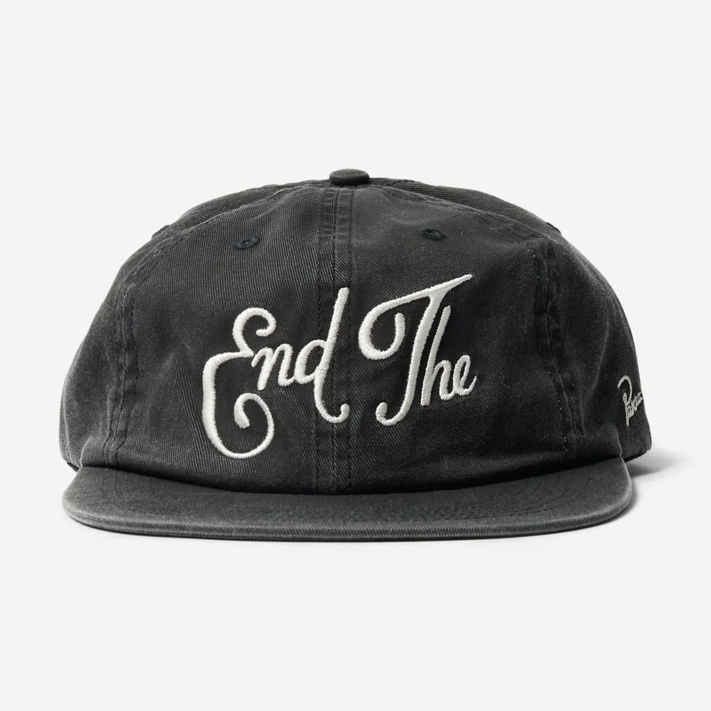 Black End The 6 Panel Hat by Parra featuring a structured six-panel design and adjustable strap.